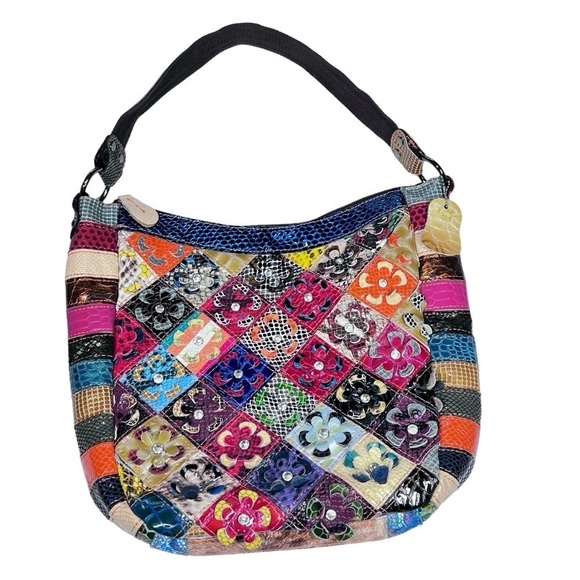 TRESKA Multi Colored 3D Leather Floral Rhinestone Patchwork Shoulder Bag - Picture 1 of 16